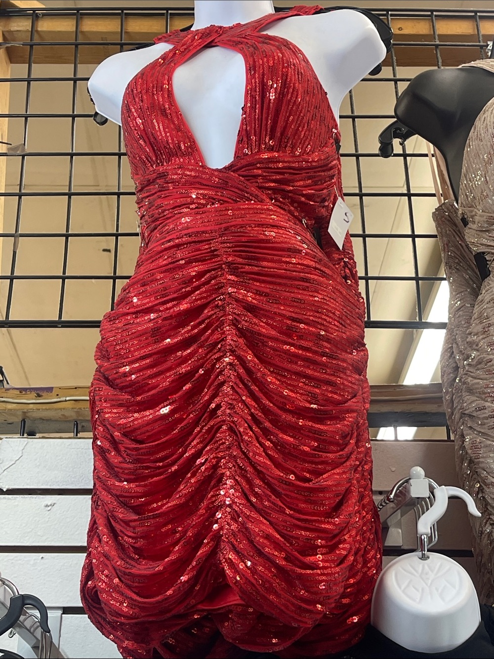 Red Sequin Ruched Halter Mini Dress
